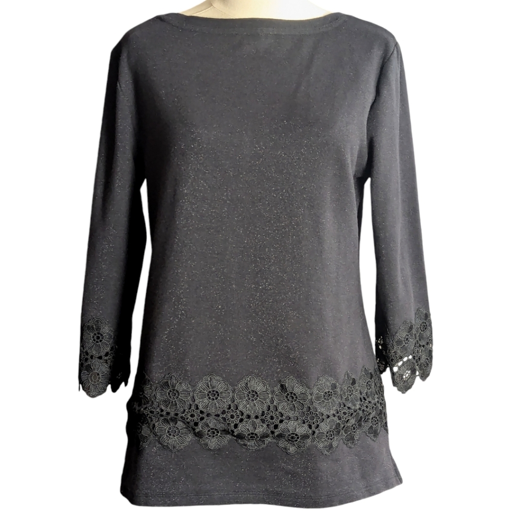 Talbot's Size Medium Black Detailed Lace Crew Neck